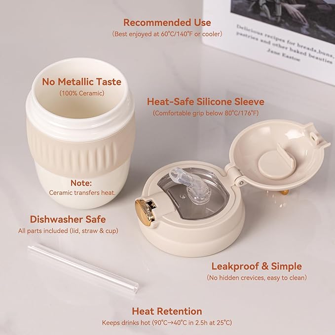 14oz Ceramic To Go Coffee Mug with Rabbit Ear Design - Threaded Leakproof Lid & Silicone Sleeve - BPA-Free, Microwave Safe for Car Cup Holders, Office & Gifts for Coffee Lovers