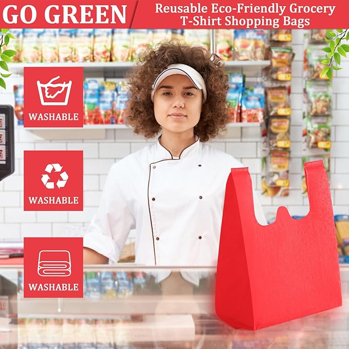 Windyun Reusable Grocery T Shirt Bags Bulk Small Non Woven Shopping Bag 10 x 18 x 5 Inch Foldable Tote with Handle Party Gift