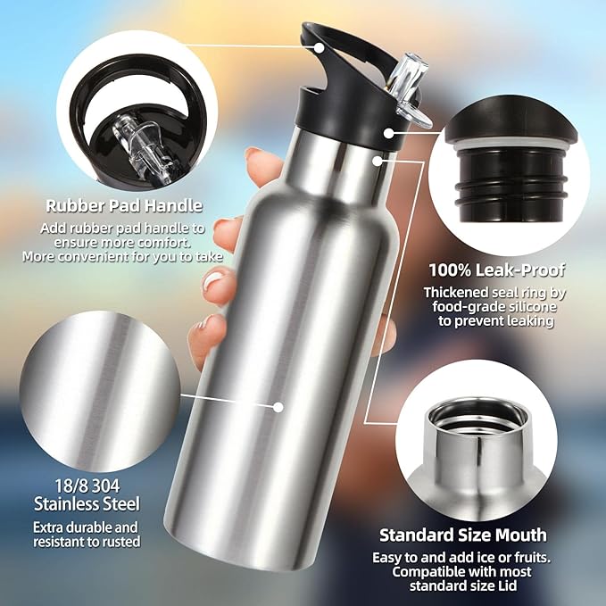 Volhoply 17oz Kids Insulated Water Bottle,Stainless Steel Water Bottles with Straw Lid,Reusable Metal Cups Water Bottle,Double Wall Vacuum Sport Water Flask Keep Cold for School,Child(Silver,1 Set)