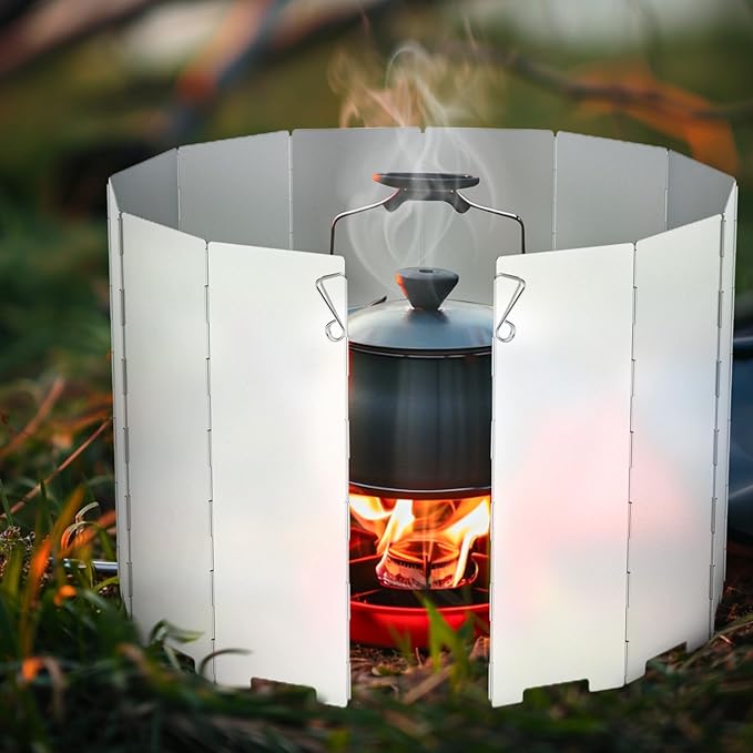 RioRand Folding Ultralight Camping Stove Windscreen Portable Backpacking Stove Windshield, Backpack Windscreen for Butane/Backpacking Stoves, Camp Windshield for Outdoor Camping, Hiking, BBQ 12 Plates