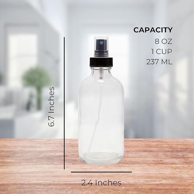 Cornucopia Brands 8-Ounce Clear Glass Fine Mist Spray Bottles (Pack of 4) Boston Round w/Atomizer Spritzers for Aromatherapy Perfume, Cologne, DIY & More