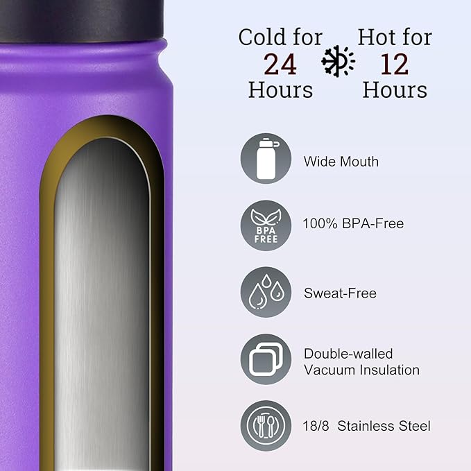 mininoo 24 oz Insulated Water Bottle with Straw Lid, Stainless Steel Double Wall Vacuum, Leak Proof, BPA Free, Keep Cold for 24H & Hot for 12H(Purple)
