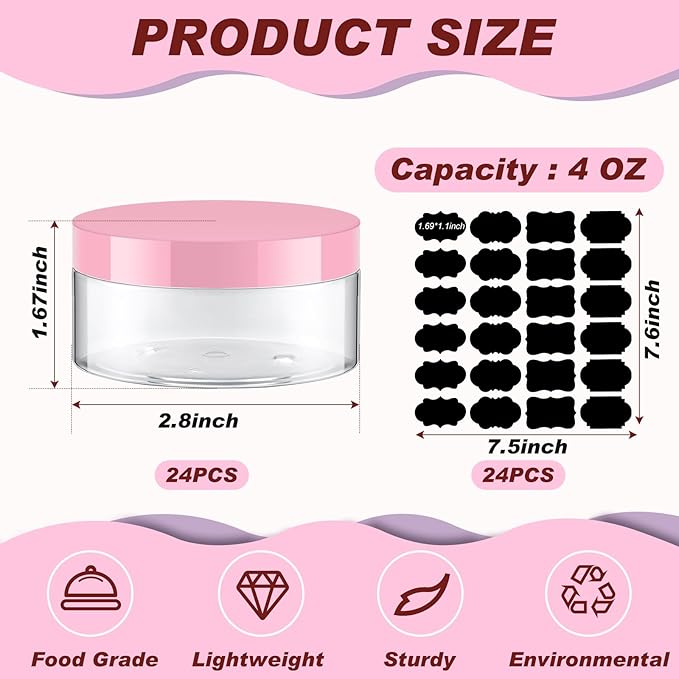 Dandat 24 Pcs 4 oz Plastic Jar Container with Lid and Label Refillable Empty Round Clear with Pink PET Cosmetic Sample Containers for Lotion, Cream, Ointments, Body Butter, Makeup, Travel Storage