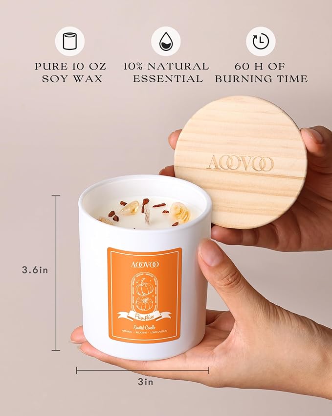 AOOVOO Pumpkin Scented Candles for Women - Aromatherapy Candle with Crystals Inside, 10oz Soy Candles for Home Scented, Birthday Gifts Candle for Women Mom