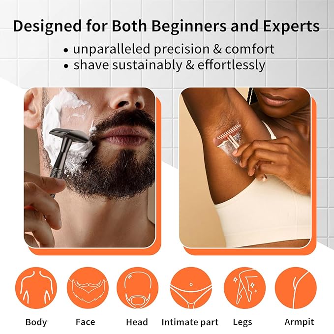 Matte Silver Safety Razor - Single Blade Razors for Men - Reusable Metal Razor, with 5 Stainless Steel Double Edge Blades, Smooth Close Shave, Sustainable, Plastic Free