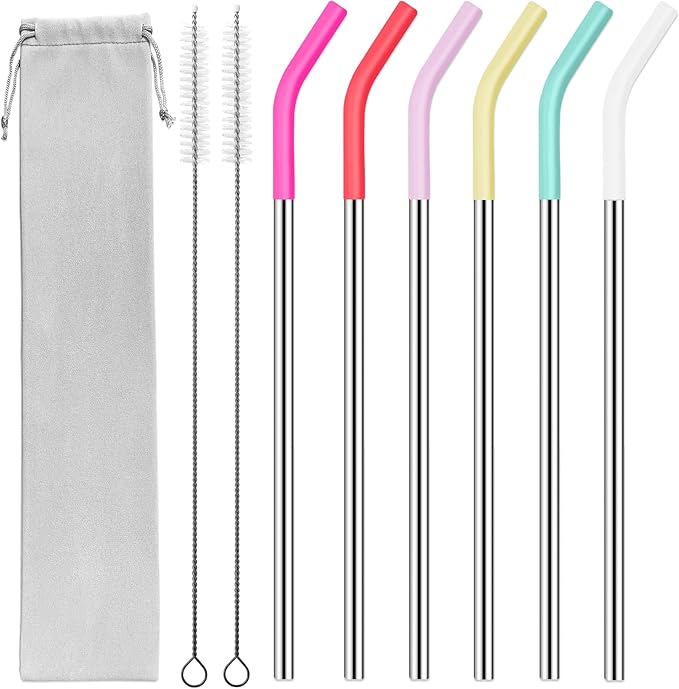 30 oz Stainless Metal Straws for 30 oz Stanley Tumbler, 6Pcs Reusable Straight Long Steel Straws with 12 Silicone Tips and 2 Straw Cleaning Brushes (6Color3, 30oz)