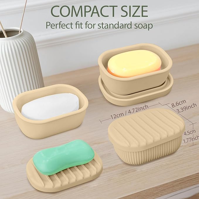 Leakproof Silicone Travel Soap Case with Drainage Layer, Silicone Bar Soap Holder Compact Portable Shatterproof Soap Container Box for Bathroom Gym Camp Travel Toiletries (Sand, Drainage Lid)