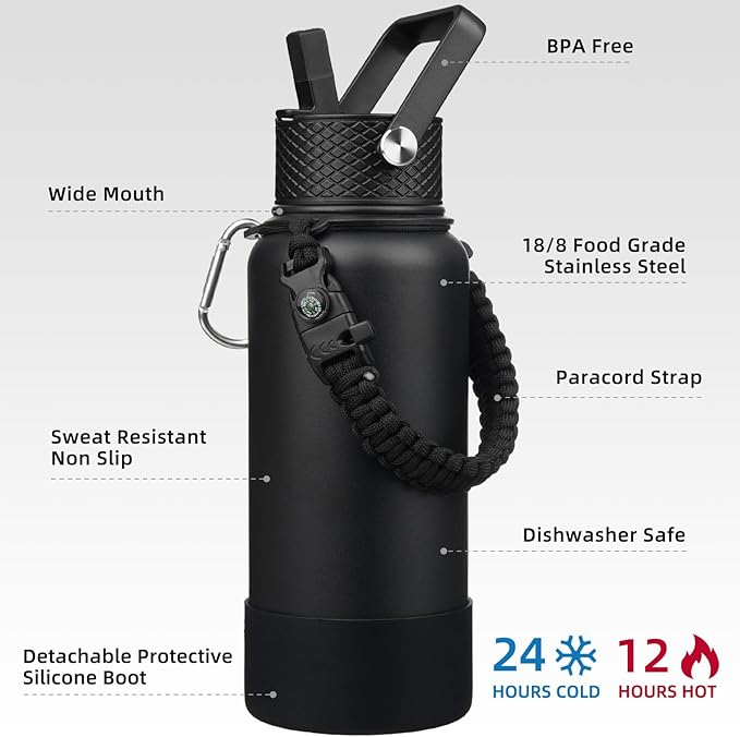 BJPKPK 32oz Insulated Water Bottles with 3 Lids, Paracord Handle & Non-slip Boot, Stainless Steel Metal Water Bottle,Reusable BPA Free Thermal Flasks, Tumblers, Black