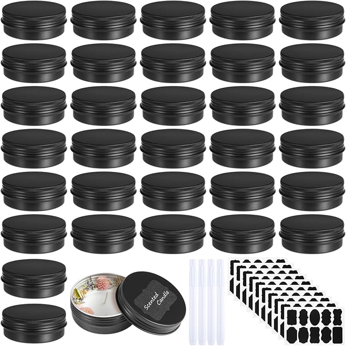 Lnrueg 100PCS Metal Round Tins, 2 oz Black Aluminum Tin Cans Containers with Screw Lid for Lotion Bars, Balms, Salve, Spices or Beard Balm, DIY Candle Making Jar