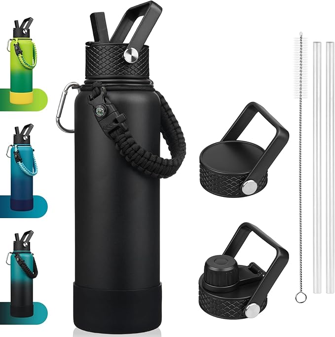 BJPKPK Insulated Water Bottle with Straw Lid, 40oz Large Thermal Flasks with 3 Lids, Paracord Handle & Non-slip Boot, BPA Free Leak Proof Stainless Steel Metal Water Bottles, Tumblers, Cups,Black