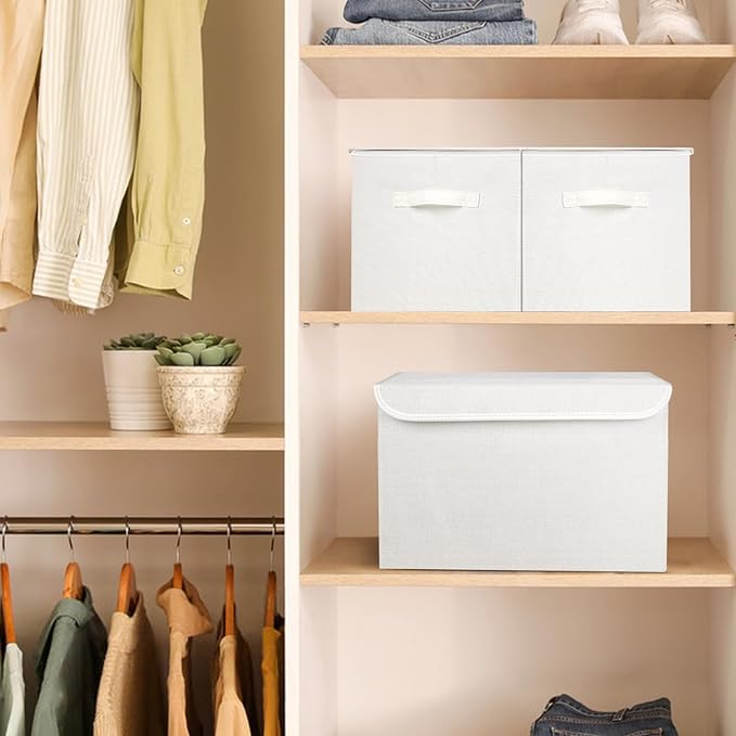 Large 17" 42 Quarts Collapsible Stackable Storage Bins with Lids [3-Pack] Foldable Fabric Linen Storage Boxes Cube, Closet Organizer Baskets with Label (16.7 x 12 x 12, White)