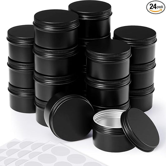 Patelai Black Christmas Aluminum Tin Cans 24 Pcs 4 oz Round Metal Tin Jar Containers Refillable Aluminum Storage Cans with Screw Lid and 10 Sheets Label Sticker for Salve Spice Candy Candle