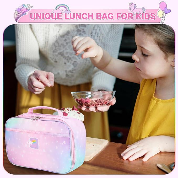 Lunch Box Kids, 11" L x 7" W x 3.5" H, Waterproof Reusable Insulated Lunch Bag for Girls, Cooler Bento Boxes Containers & Snacks for Elementary School Travel (Galaxy Pink)