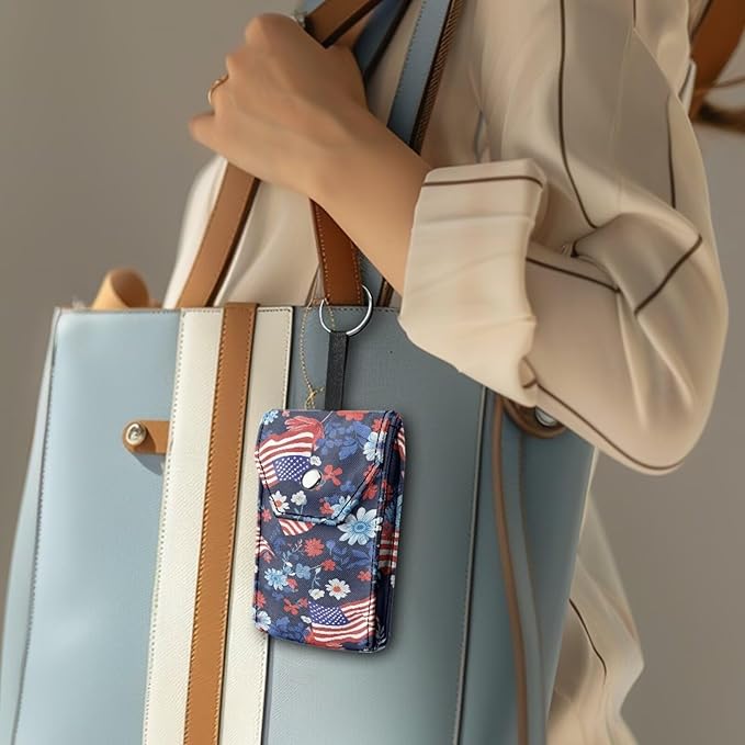 American Flag Floral Tissues Purse Pocket Portable Tissue Holder for Purse Coin Keys Tissues Packs with Hanging Rope for 4th of July Snap Button Enclosed