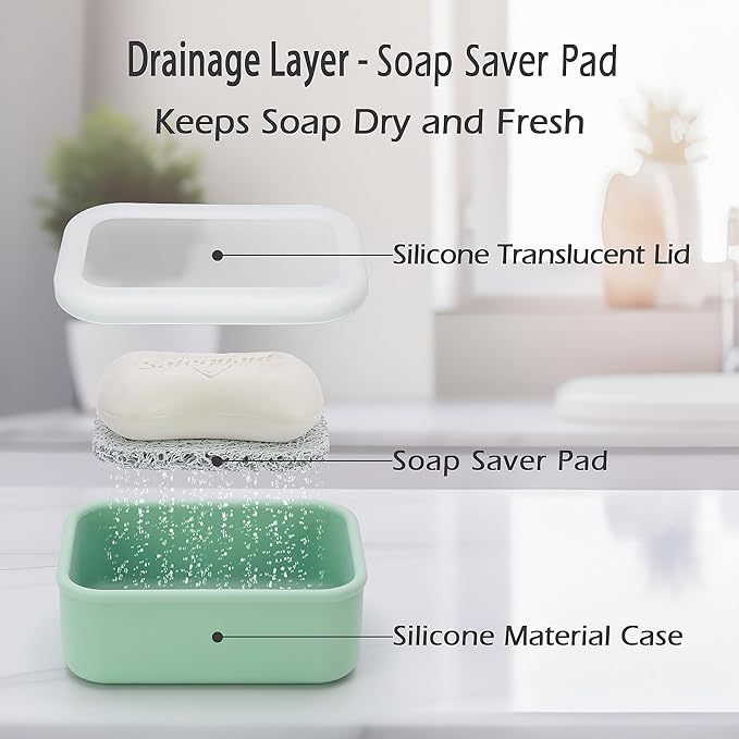 Leak Proof Silicone Travel Soap Case, Compact Portable Soap Holder with a Translucent lid That Lets You See The soap Inside, Bar Soap Container for Traveling, Camping, Gym (Clear&Green)