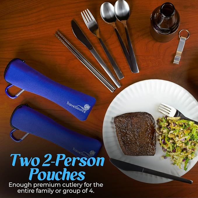 Travel Utensils With Case - Metal Camping Silverware Cutlery Set - Reusable & Portable Fork Knife Spoon Flatware & Chopsticks For Lunch Box, Backpacking (2 Cases)