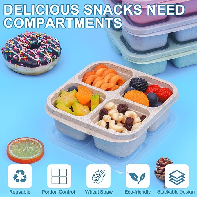 4 Pack Snack Containers, 4 Compartments Snackle Box Container, Meal Prep Reusable Lunchable Container, Microwave Dishwasher Safe, Food Storage Containers for Work Travel (Pink)