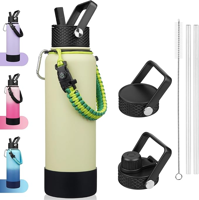 BJPKPK Insulated Water Bottle with Straw Lid, 40oz Large Thermal Flasks with 3 Lids, Paracord Handle & Non-slip Boot, BPA Free Leak Proof Stainless Steel Metal Water Bottles, Tumblers, Macaron Green