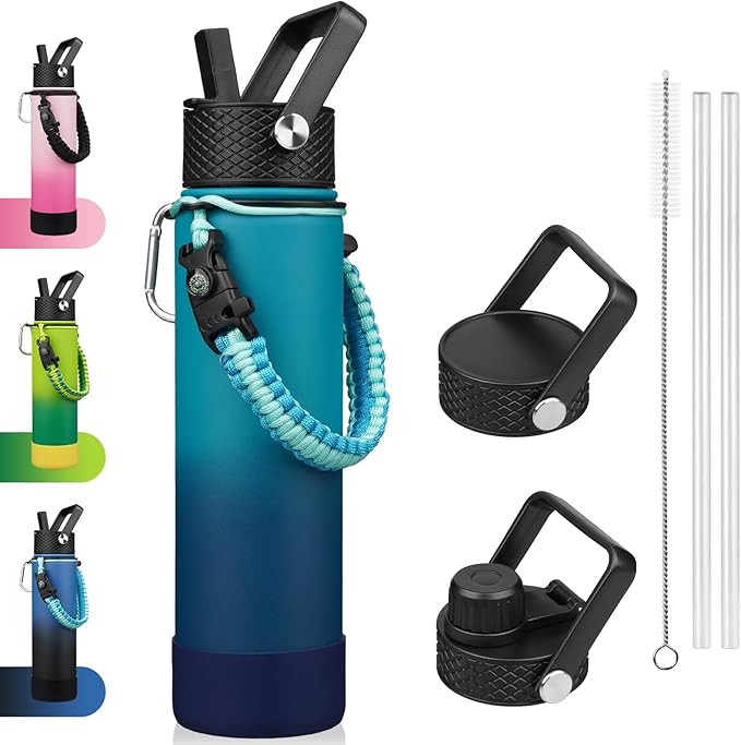 BJPKPK 27oz Insulated Water Bottles with 3 Lids, Paracord Handle & Non-slip Boot, Stainless Steel Metal Water Bottle with Straw, BPA Free Leak Proof Thermal Flasks, Tumblers,Vast