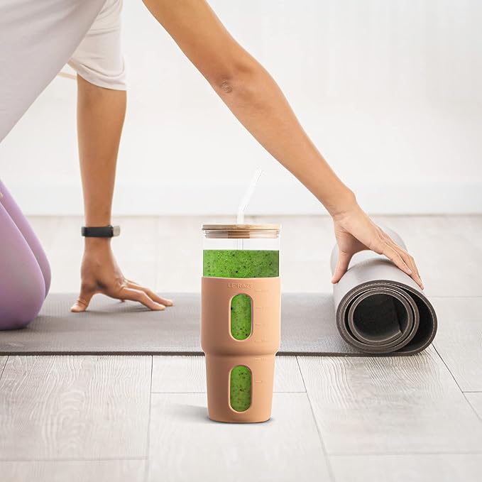 32oz Drinking Glass Tumbler with Bamboo Lid and Straw - Silicone Sleeve - Fits Car Cup Holder - Reusable Boba Smoothie Cup, Spill Proof Travel Water Bottle, Iced Coffee Tumbler, BPA Free - Amber.