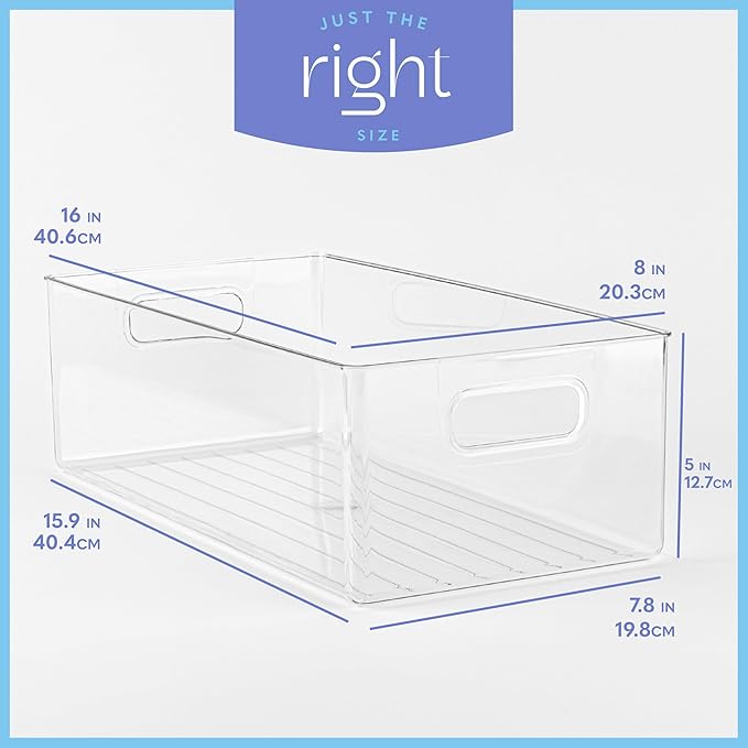 primebox Plastic Food Storage 6 Pack Clear Container Bin with Handles for Organizing Kitchen, Pantry, Refrigerator, Freezer, Pantry, Cabinet, Closet, Bathroom. 16”x8”x5”