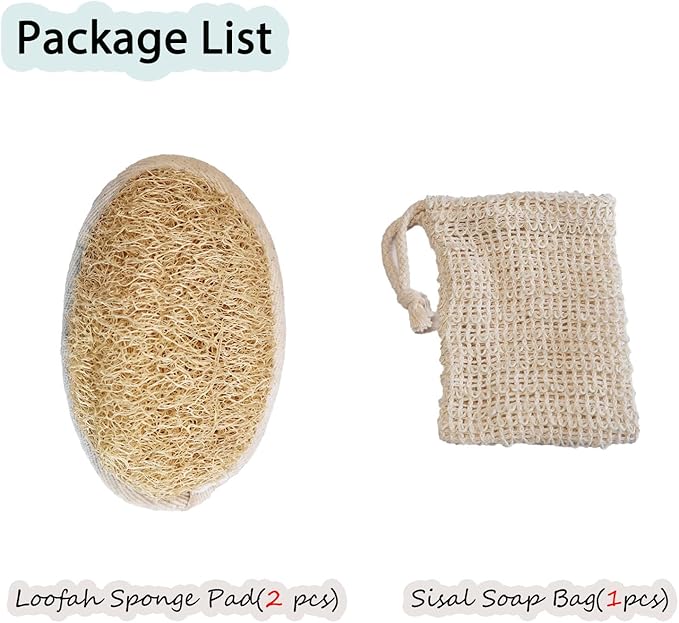 Natural Loofah Sponge Set with Soap Bag, Body Exfoliating Loofah Bath Scrubber for Shower, Shower Loofah for Women and Men, 3-pcs