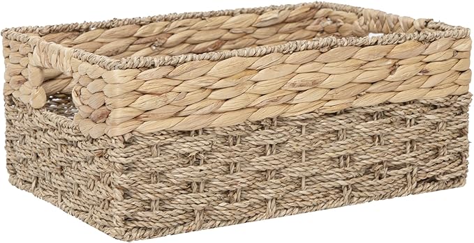 Handmade Water Hyacinth Storage Basket, Woven Basket Organizer with Inner Handles for Home & Office Decor (Medium)
