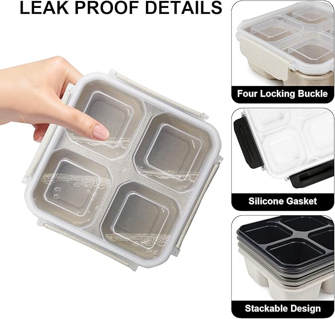greenandlife 4 Pack Bento Lunch Box Set for Kids Adults, 4 Compartment Reusable Wheat Straw Meal Prep Food Storage Snack Containers, Stackable Snack box, Microwave and Dishwasher Safe, Grey+Black