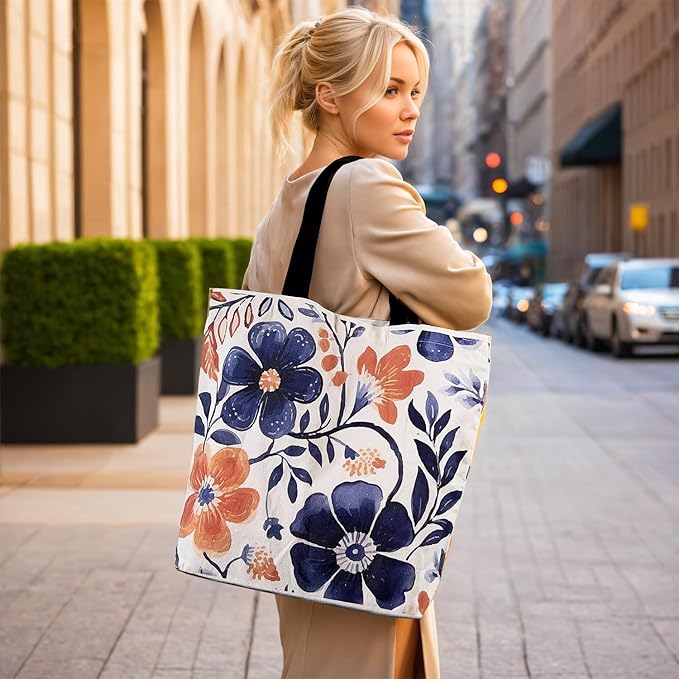 Large Tote Bag for Women, Floral Grocery Tote with Snap Thick Canvas Both Side Pattern, Gift Daily Use Shopping Travel Picnic
