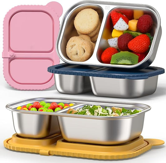 3 Pack Stainless Steel Snack Containers with Silicone Lids, Meal Prep Containers, Reusable 2 Compartment Food Storage Containers, Stainless Steel Box for School, Office, Travel