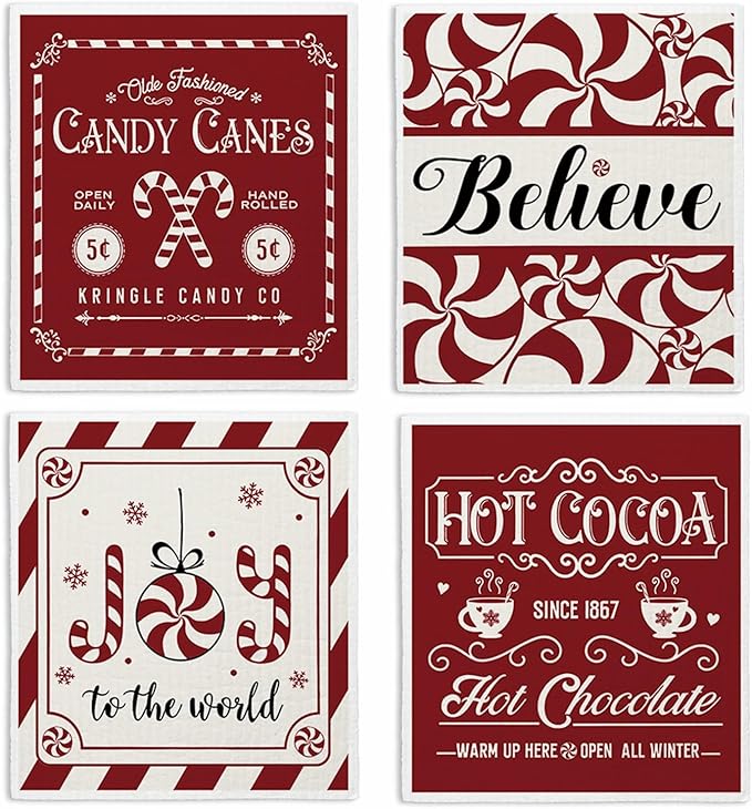 Christmas Swedish Dishcloths for Kitchen, Christmas Xmas Red Kitchen Dish Towels for Washing Dishes, 4 Pack Reusable Paper Towels, Sponge Cloths for Winter Holiday Baking Cooking Home Cleaning
