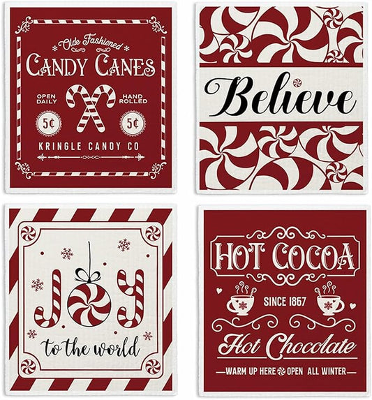 Christmas Swedish Dishcloths for Kitchen, Christmas Xmas Red Kitchen Dish Towels for Washing Dishes, 4 Pack Reusable Paper Towels, Sponge Cloths for Winter Holiday Baking Cooking Home Cleaning