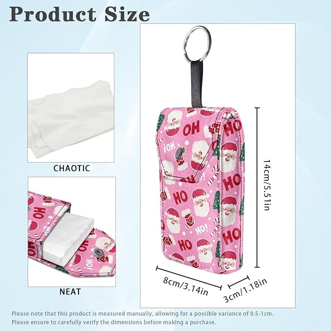 Pink Santa Claus Print Purse Tissue Holder Portable Pocket Tissue Holder for Coin Keys Tissues with Hanging Rope for Daily Christmas in July Snap Button Enclosed