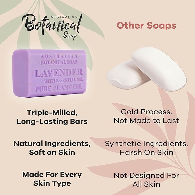 Australian Botanical Soap Lavender with Essential Oil 6.6 oz Triple Milled Luxury Soap Bar Enriched with Shea Butter, Pack of 1