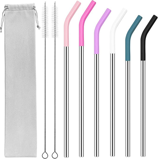 20 30 40 oz Stainless Metal Straws for Stanley Tumbler, 6Pcs Reusable Straight Long Steel Straws with 12 Silicone Tips and 2 Straw Cleaning Brushes (6Color2, 20 30 40oz)
