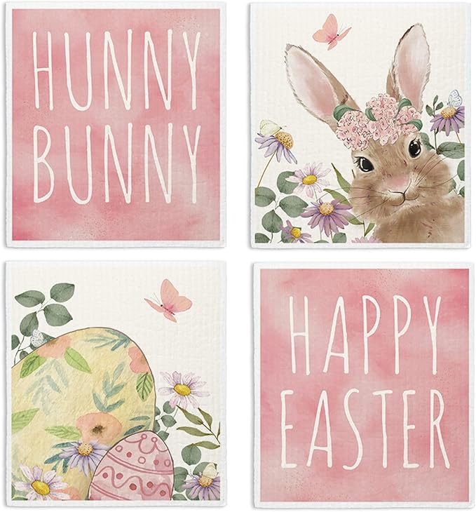 Pink Bunny Eggs Swedish Dishcloths for Kitchen, Happy Bunny Dish Cloths for Easter Gifts, Papaya Cute Funny Washable Swedish Cleaning Sponge Cloths, 4 Pack Dish Towels for Kitchen