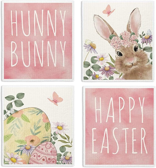 Pink Bunny Eggs Swedish Dishcloths for Kitchen, Happy Bunny Dish Cloths for Easter Gifts, Papaya Cute Funny Washable Swedish Cleaning Sponge Cloths, 4 Pack Dish Towels for Kitchen