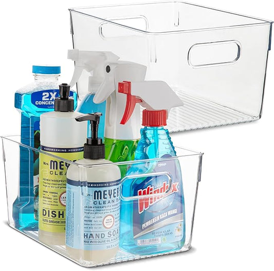 primebox Plastic Food Storage 2 Pack Clear Container Bin with Handles for Organizing Kitchen, Pantry, Refrigerator, Freezer, Pantry, Cabinet, Closet, Bathroom. 10”x7.5”x5.3”
