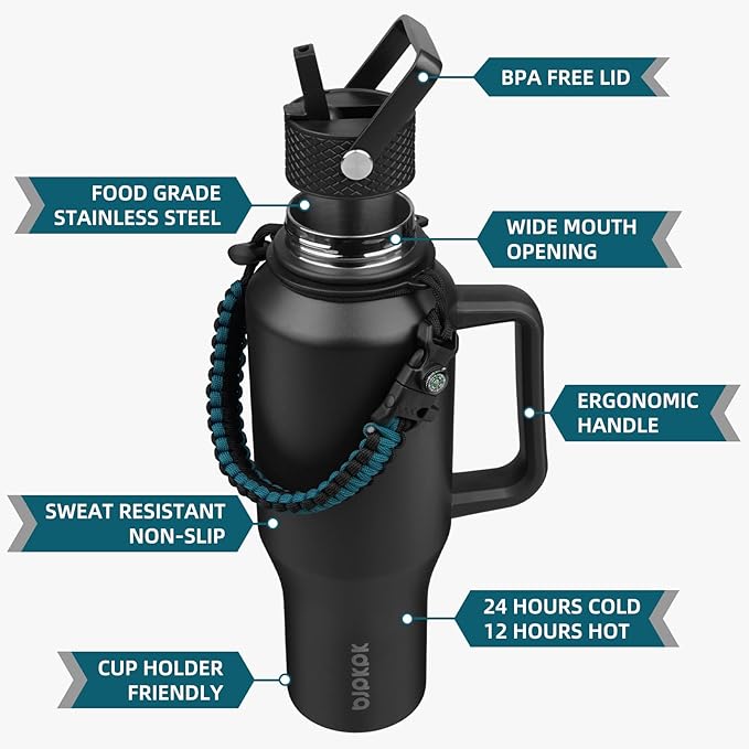 BJPKPK Insulated Water Bottles with Straw Lid, 35oz Metal Water Bottle with 2 lids & Paracord Strap, Double Wall Stainless Steel Tumbler with Handle, Reusable Cups, Mugs, Thermo, Black