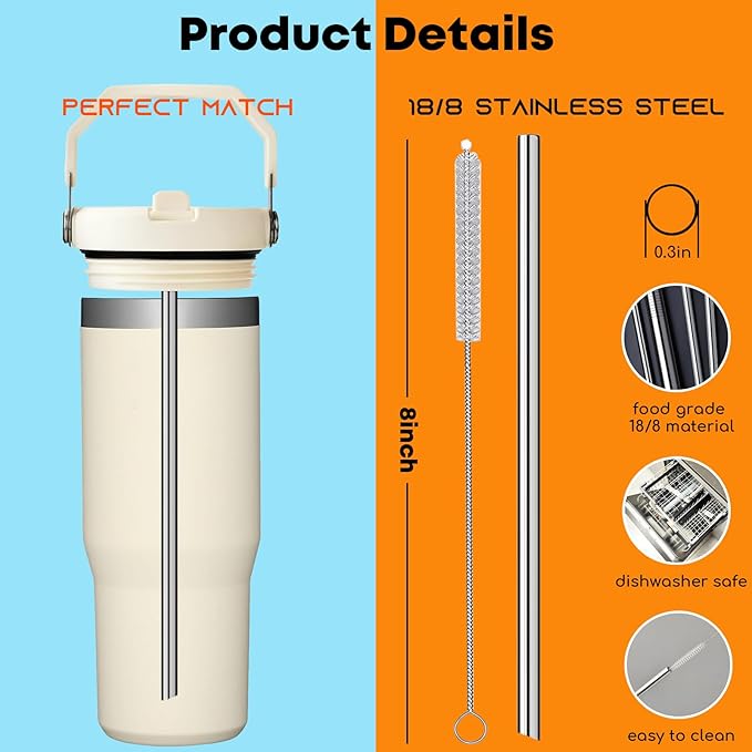 ALINK Stainless Steel Straws Compatible with Stanley Iceflow 30oz Flip Tumbler, 6 Pack Reusable Metal Straws for Stanley Ice Flow 30oz Cup Lid Only, Plus Straw Cleaner Brush