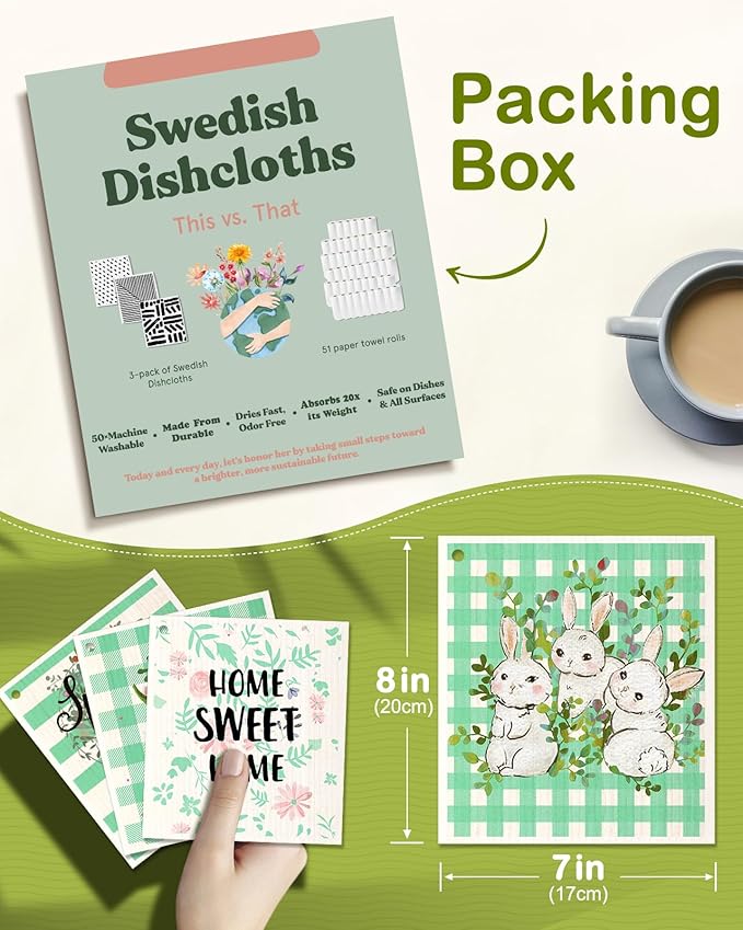 Swedish Dishcloths for Kitchen - 5 Pack Reusable Dish Cloths for Washing Dishes Absorbent Cute Funny Kitchen Towels Cleaning Sponge, Green Rabbit