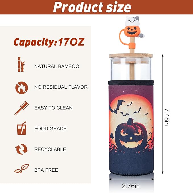 Aanyinuo-16.6 oz (approx. 491 ml) glass cup with bamboo straw and bamboo cup lid - coffee cup with neoprene protective layer - cold drink cup - BPA free - ocean pattern