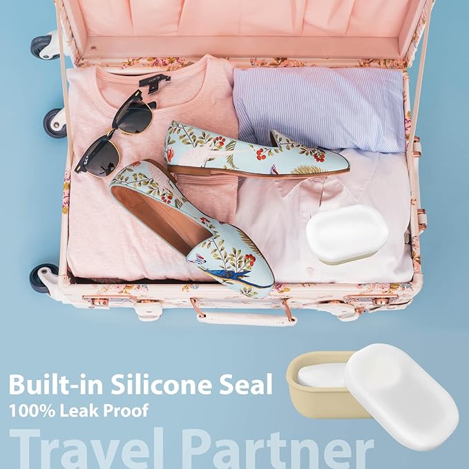 Leakproof Silicone Travel Soap Case with Drainage Layer, Silicone Bar Soap Holder Compact Portable Shatterproof Soap Container Box for Bathroom Gym Camp Travel Toiletries (Sand, Clear Lid)