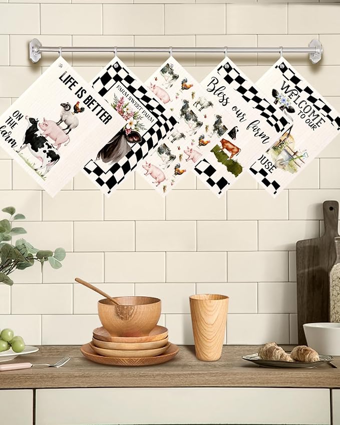 Swedish Dishcloths for Kitchen with Hooks - Reusable Dish Cloths for Washing Dishes Fast Drying Cute Fun 5 Pack Swedish Dish Towels Washable Cleaning Sponge, Black White Farm