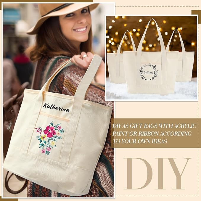 Reginary 16 Pcs Canvas Tote Bags Bulk with Outer Pocket 18 Inch Reusable Shopping Grocery Blank Tote Bag for Women Mother DIY
