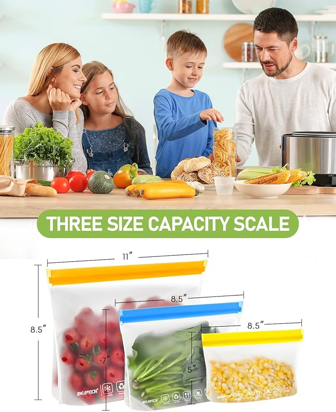 IDEATECH 12Pack Reusable Food Storage Bags Dishwasher Safe,Leakproof Gallon Freezer Bags, BPA Free Quart Sandwich Size Silicone Reusable Baggies for Marinate Meats,Travel(7Gallon 5Quart, Colored)