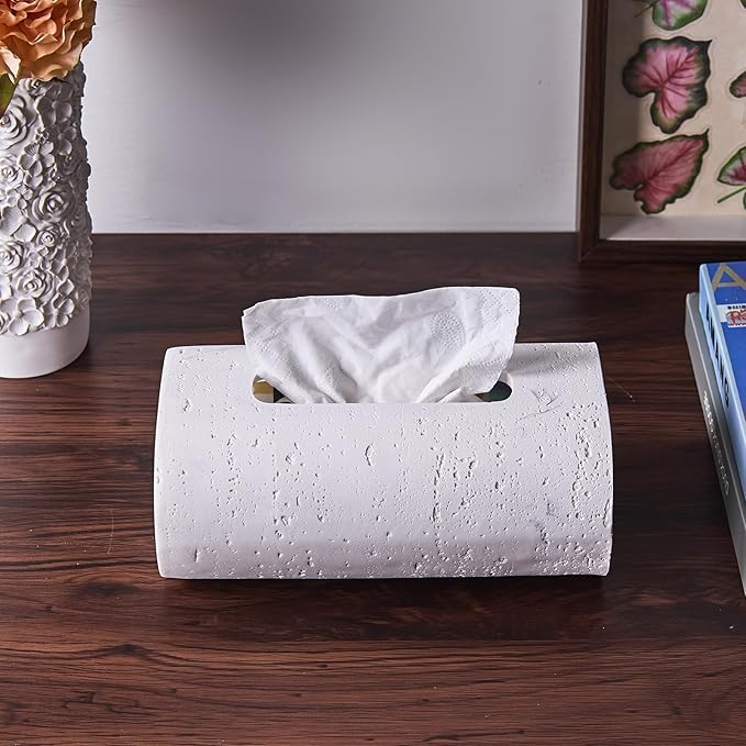 Natural Travertine Textures Tissue Box Holder Rectangle, Resin Facial Tissue Holder Cover, Decorative Bulk Tissue Paper Dispenser for Bathroom Kitchen Bedroom Living Room Office (White)