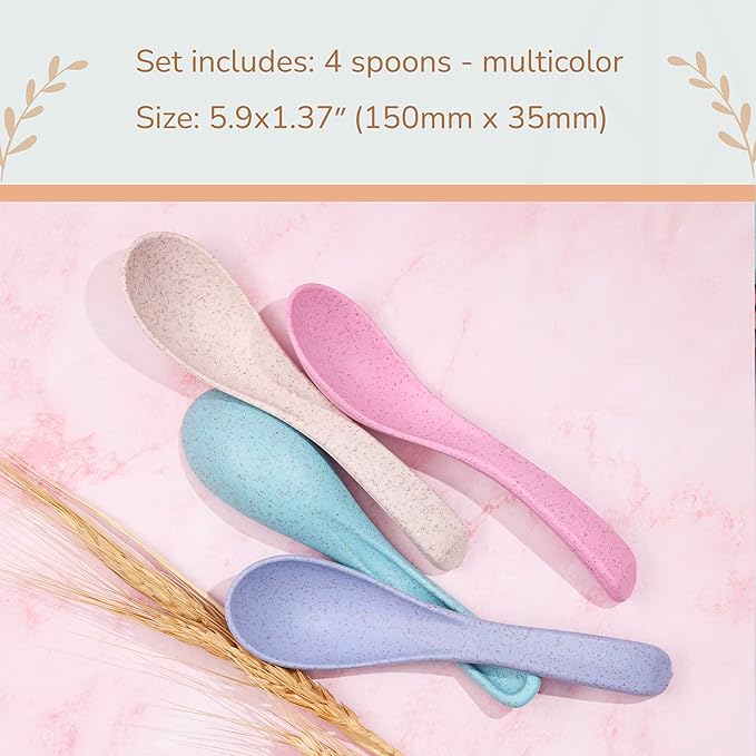 Wheat Straw Travel Spoon Set - 4 Spoons Camping Utensils - Portable Silverware for Lunch Box - Eco Friendly - Reusable Utensils