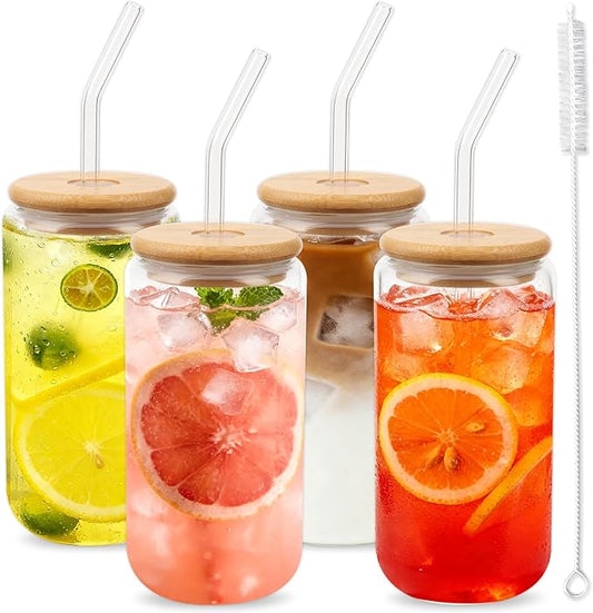 Glass Cups with Lids and Straws 16 oz, 4-Pack Borosilicate Glass Tumbler with Bamboo Lids & Glass Straws, for Iced Coffee, Bubble Tea, Beer, Reusable Drinking Glasses Set Include Cleaning Brush