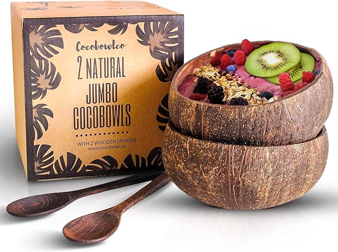 Coconut Bowl Set with Wooden Spoons – White Elephant Gifts For Adults, Christmas Gifts. Eco-Friendly Acai Bowls, Yogurt Bowls & Smoothie Bowl – Ideal for Ninja Creami (2, Natural)